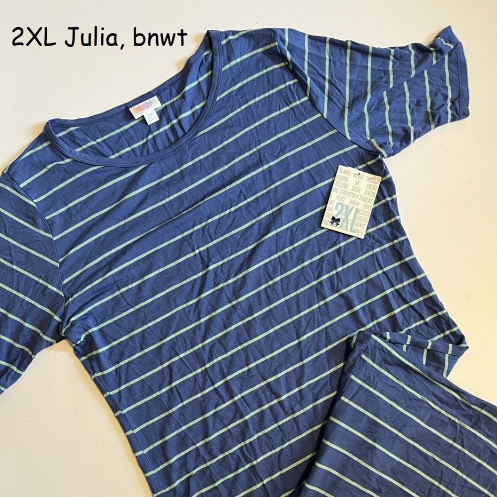 2XL Lularoe Julia sheath dress, blue with green stripes, stretchy